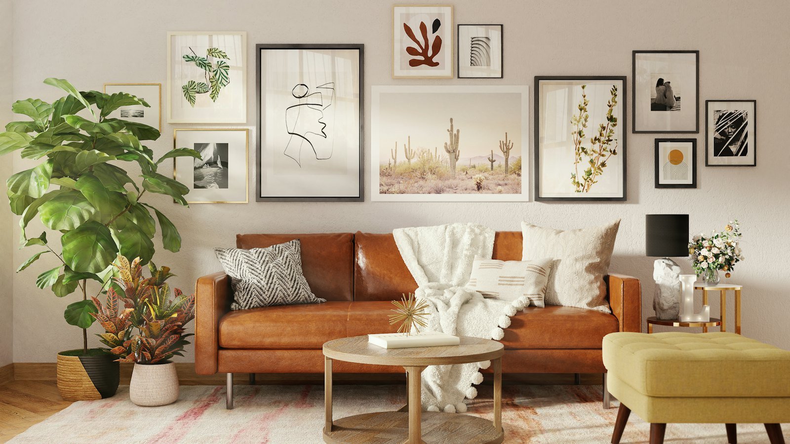 A caramel leather sofa with cushions, the fabric clearly in view