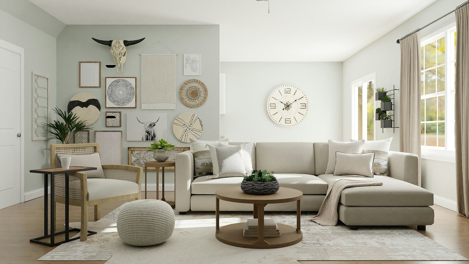 A beige sectional sofa with textured cushions in a light living room