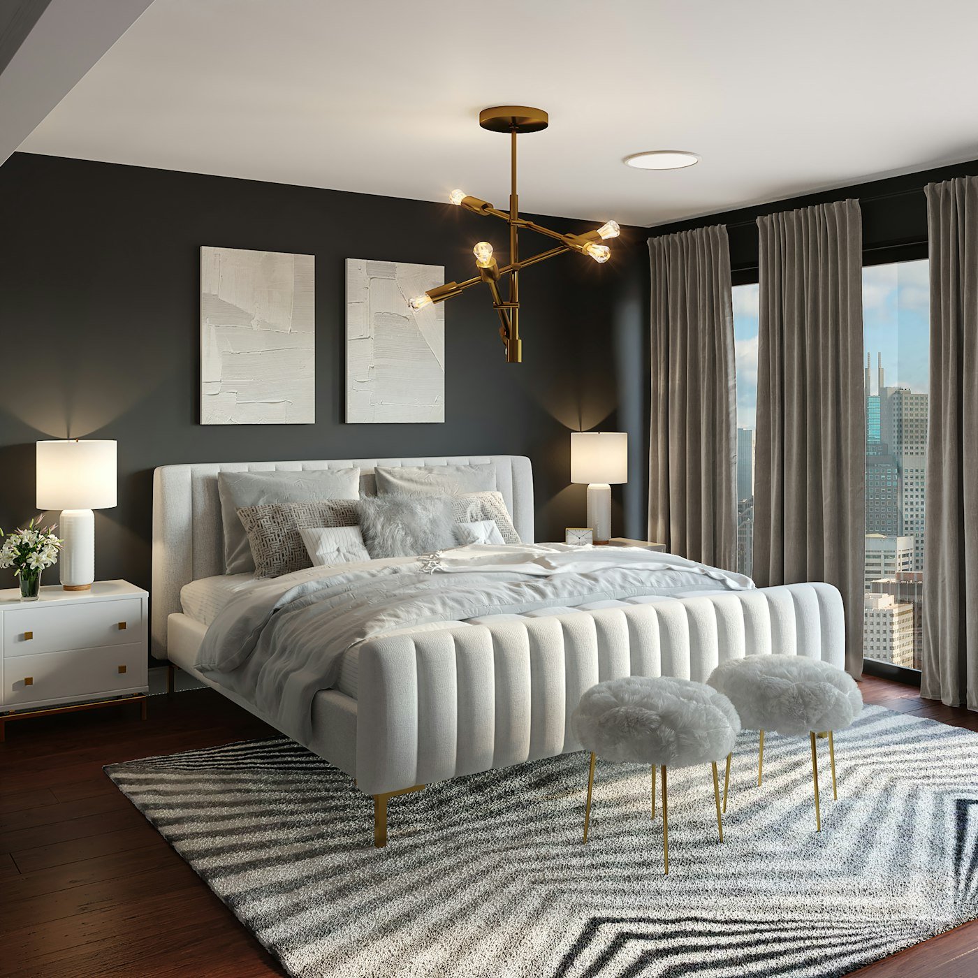 Grey floor-length curtains beside a bedroom window