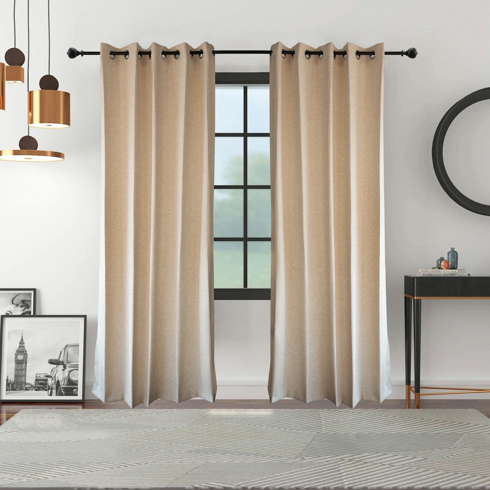Sand curtains on a dark rod above a pale rug