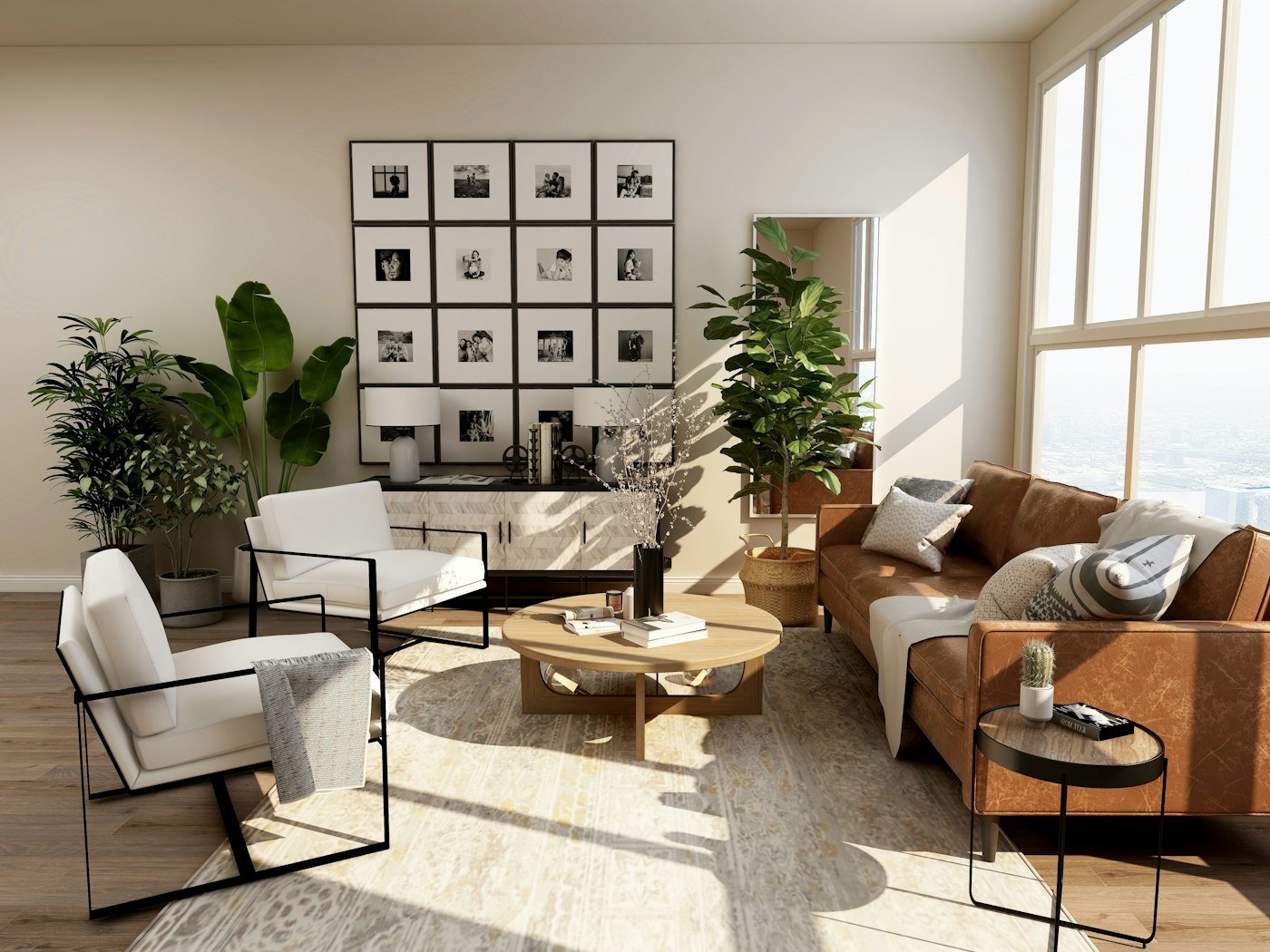 A large patterned rug filling the floor of a sunlit living room